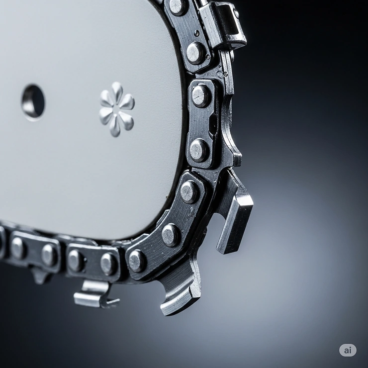 Close-up of a new, razor-sharp chainsaw chain, illustrating the optimal tooth design for the best chainsaw performance.