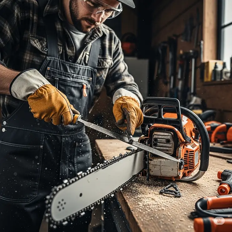 A person expertly sharpening a chainsaw chain with a file, demonstrating maintenance for optimal performance and extending the life of even the best chainsaw chain.