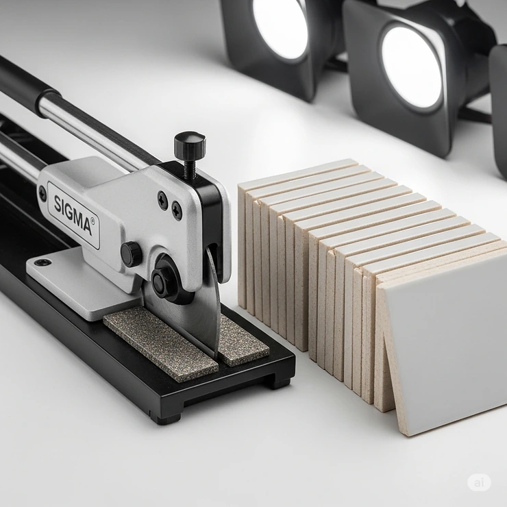 A Sigma ceramic tile cutter beside a neat stack of precisely cut ceramic tiles, showcasing its efficiency and accuracy.