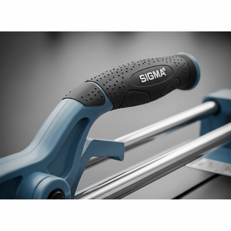 The ergonomic handle of a Sigma tile cutter, designed for comfortable grip and reduced user fatigue during extended tile cutting tasks.