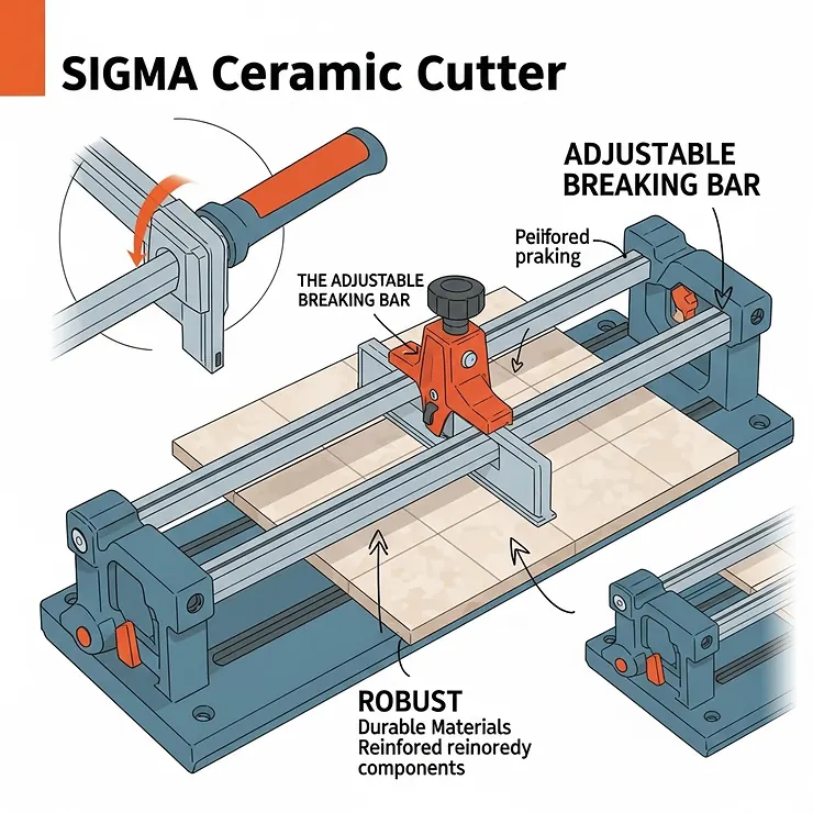 Infographic highlighting key features of the Sigma ceramic tile cutter, including its adjustable breaking bar and robust construction.
