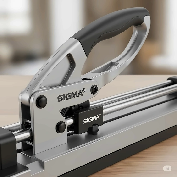 Detail of the ergonomic handle and efficient breaking system on a Sigma tile cutter, engineered for comfortable and consistent tile snapping.