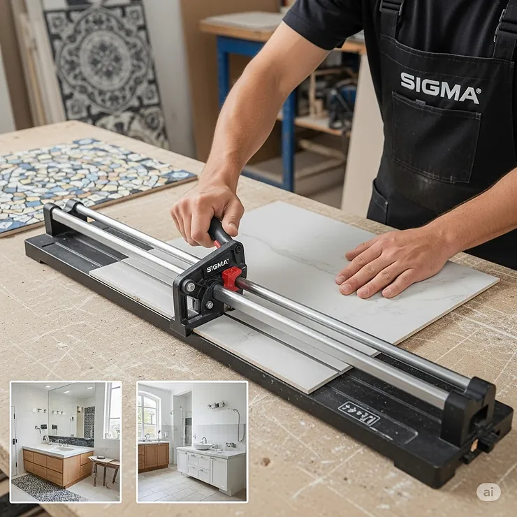 Professional Sigma tile cutter in action, precisely scoring a large ceramic tile, showcasing its ergonomic design and cutting accuracy for various tiling projects.