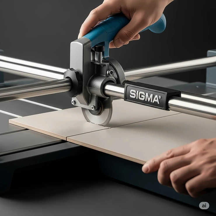 A ceramic tile being accurately cut on a Sigma tile cutter, demonstrating the machine's stability and ease of operation for clean breaks.