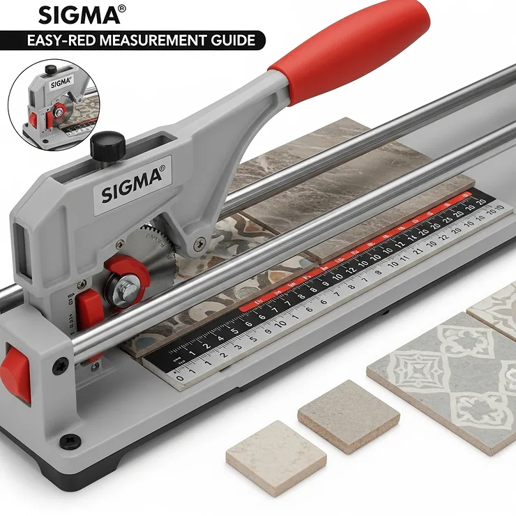 Sigma ceramic tile cutter with an easy-to-read measurement guide, ensuring precise cuts for various tile sizes and patterns.