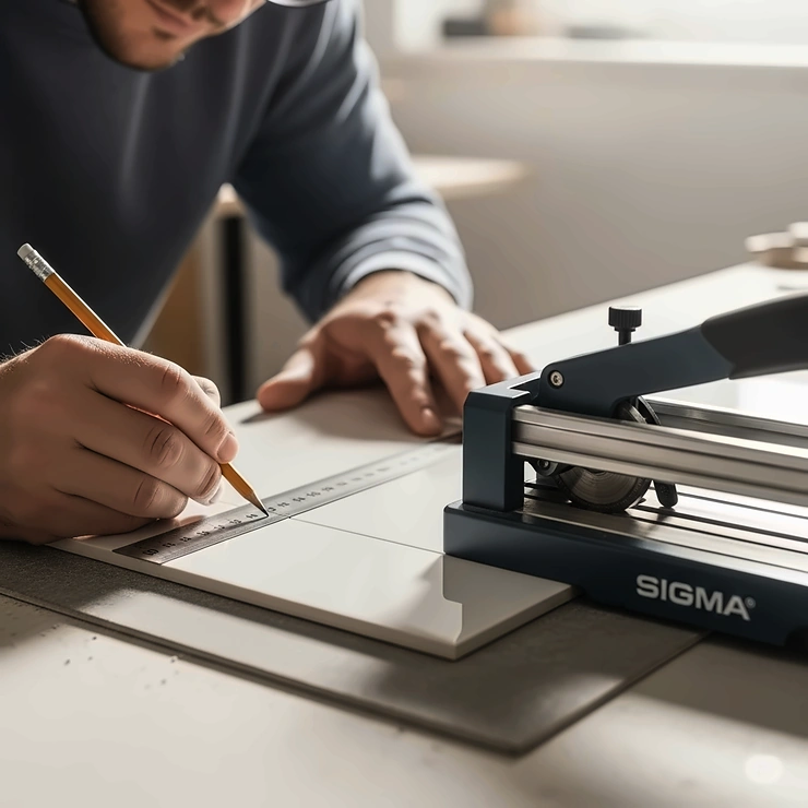 An individual precisely measuring and marking a tile, preparing it for a clean cut with a reliable Sigma tile cutter.
