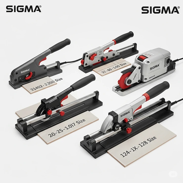 Comparison of various Sigma ceramic tile cutter models, highlighting options for different tile sizes and professional applications.