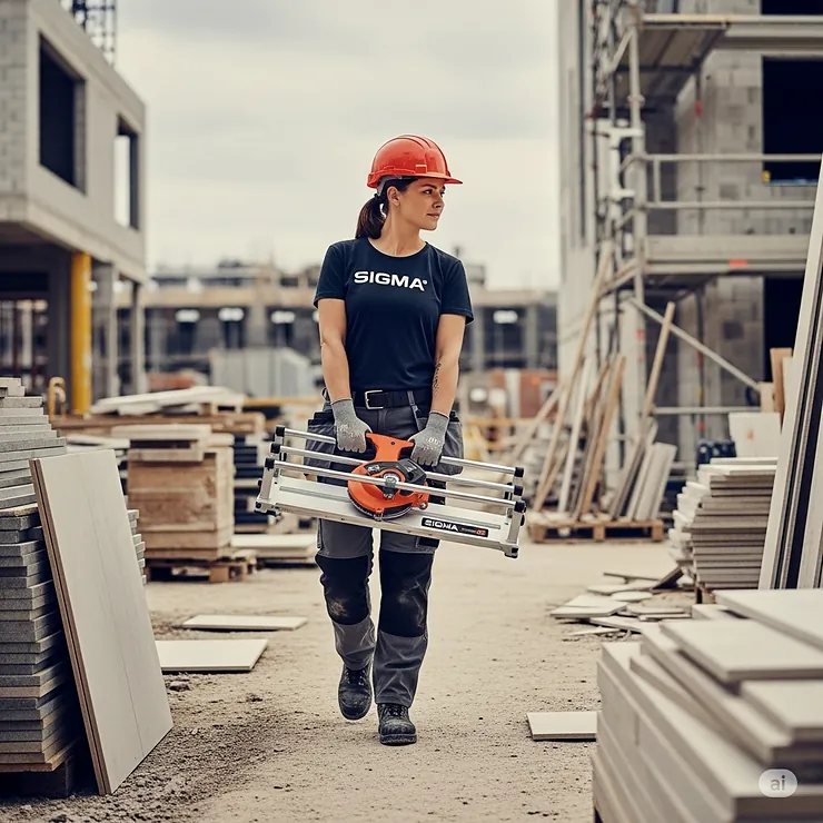 A portable Sigma tile cutter being easily transported, emphasizing its convenience for mobile contractors and various job sites.