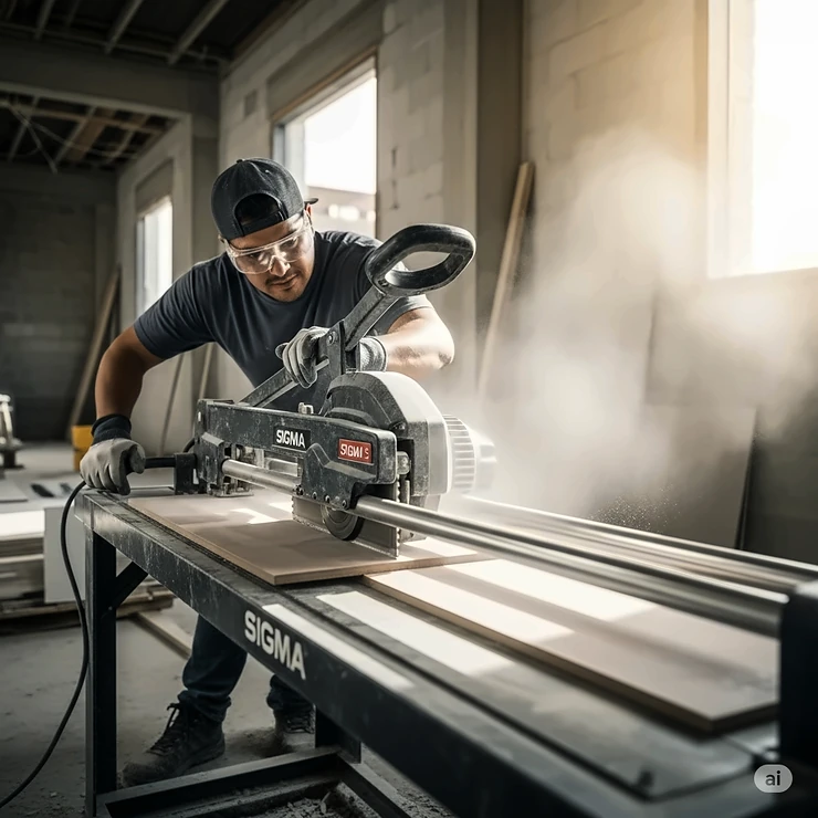 A Sigma tile cutter in action within a professional tiling environment, demonstrating its use for precise cuts on a construction site.