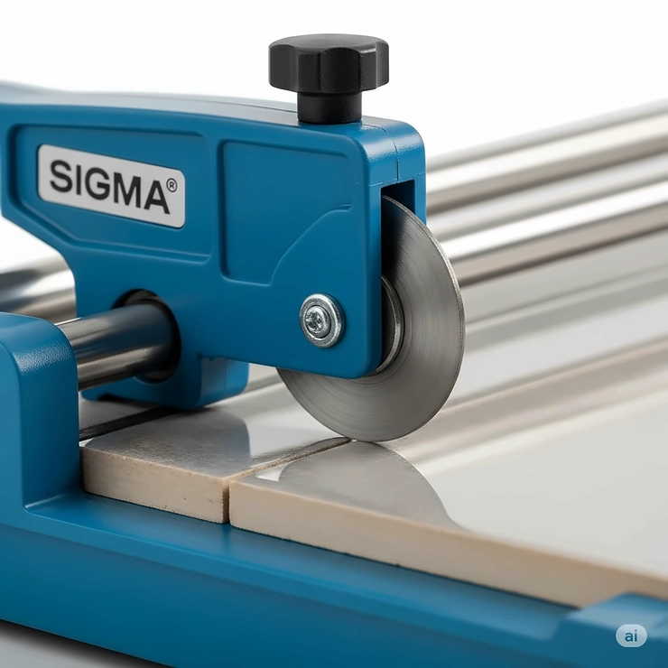 Close-up view of the high-quality scoring wheel on a Sigma tile cutter, designed for effortless and precise scoring of various tile types.