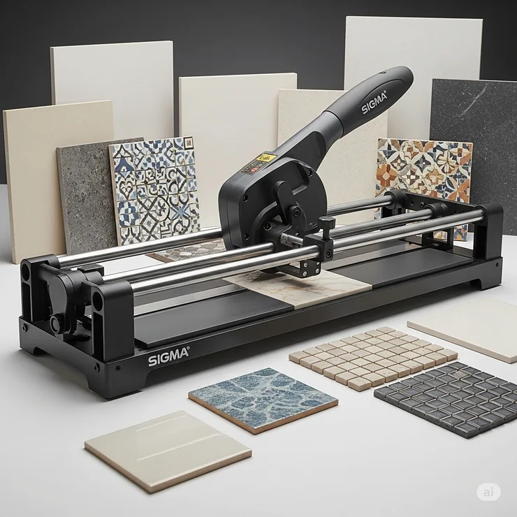 A versatile Sigma tile cutter shown with ceramic, porcelain, and mosaic tiles, highlighting its adaptability for different materials and projects.