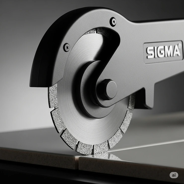 Close-up of the durable cutting wheel on a Sigma tile cutter, designed for smooth and precise scoring of different tile materials.