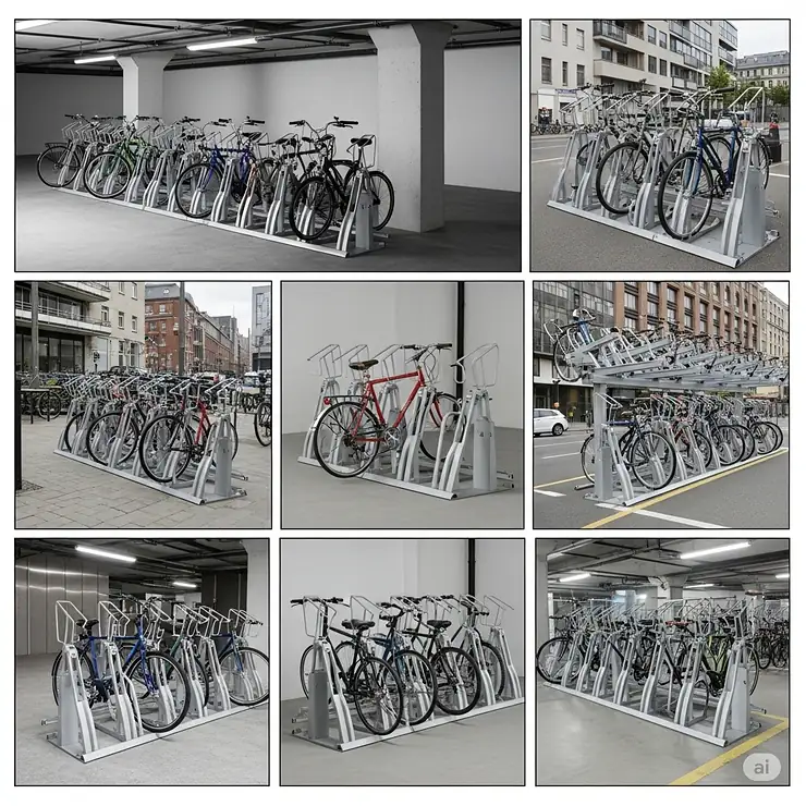 Various perspectives of a sleek standing bike rack, showcasing its space-saving design and stability for bike parking.
