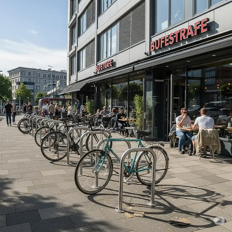 Cyclists bikes securely parked on a stylish standing bike rack outside a bustling cafe, ideal for commercial bike parking solutions.