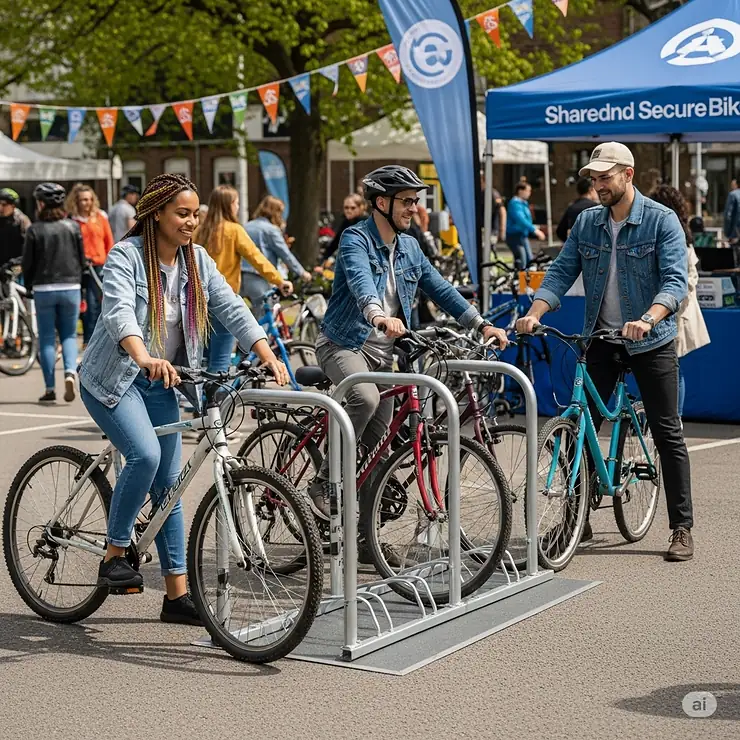 A vibrant scene of cyclists happily utilizing a standing bike rack at a community event, promoting shared and secure bike parking solutions.