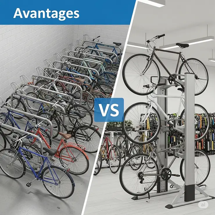 Visual comparison illustrating the advantages of a standing bike rack over traditional horizontal racks, showcasing its vertical space utilization.