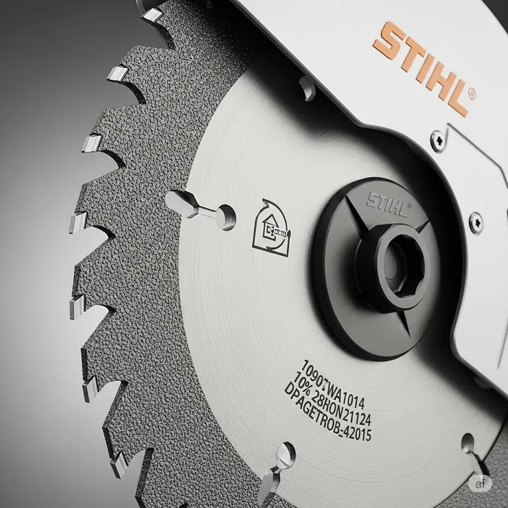 A detailed close-up of a Stihl chop saw's abrasive cutting blade, highlighting its sharp edges and durable composition, essential for cutting tough materials.
