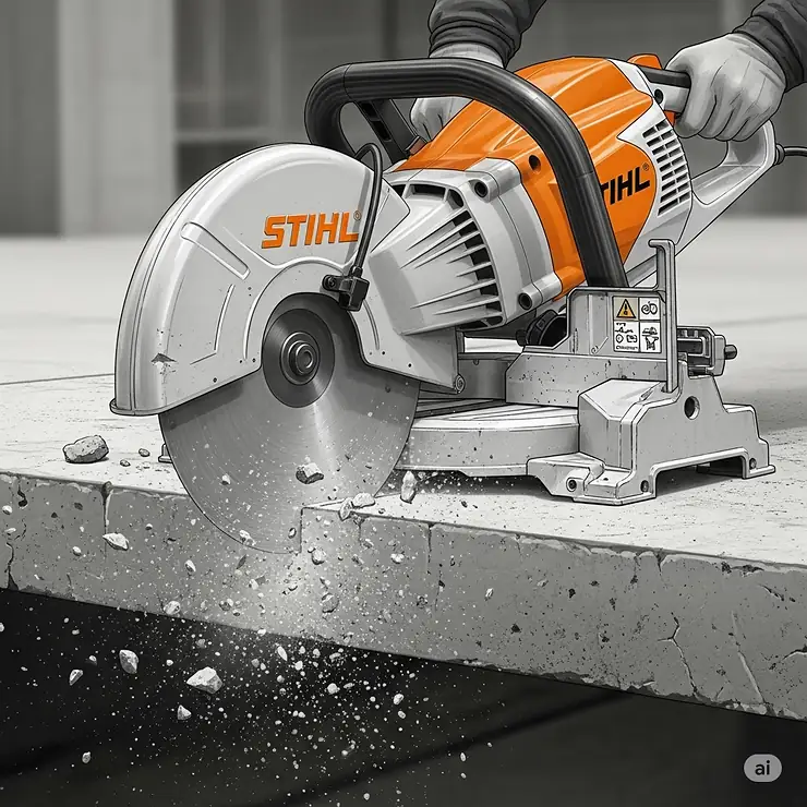 An illustration showing a Stihl chop saw effectively cutting through a thick slab of concrete, demonstrating its versatility for different construction materials.