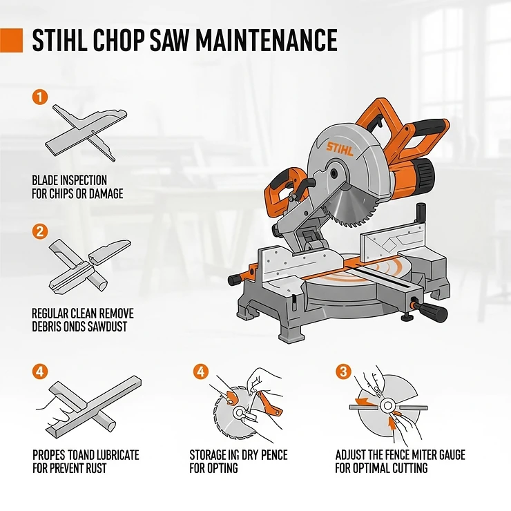 An infographic offering visual tips for maintaining a Stihl chop saw, such as blade inspection and cleaning, to ensure optimal performance and longevity.
