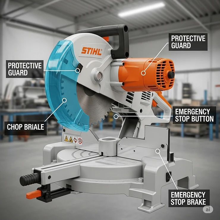 An illustration of a Stihl chop saw, emphasizing its built-in safety features such as the protective guard and emergency stop button, ensuring user protection.