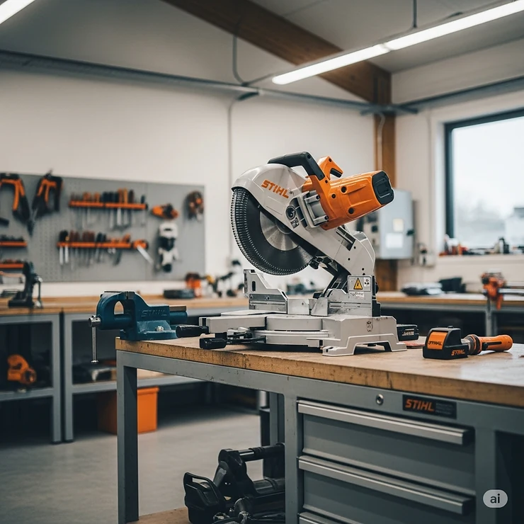 A Stihl chop saw positioned in a professional workshop, ready for use, depicting its stability and compact design suitable for various work environments.