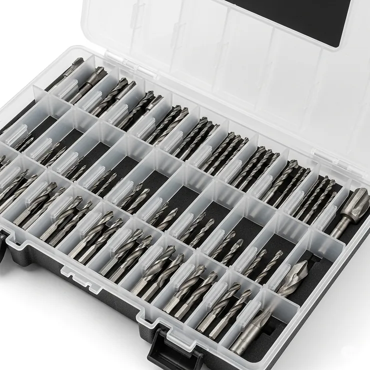 An open storage case displaying an organized collection of good metal drill bits, emphasizing proper storage for maintaining their sharpness and extending their lifespan.