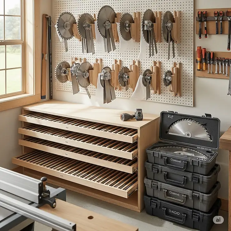 Visual ideas for safely storing 10 inch table saw blades to protect them from damage and maintain their sharp edges, such as wall mounts or blade organizers.