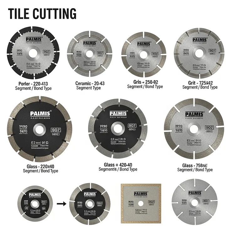 An illustration showcasing different types of blades for the best tile saws, including diamond blades for various tile materials.