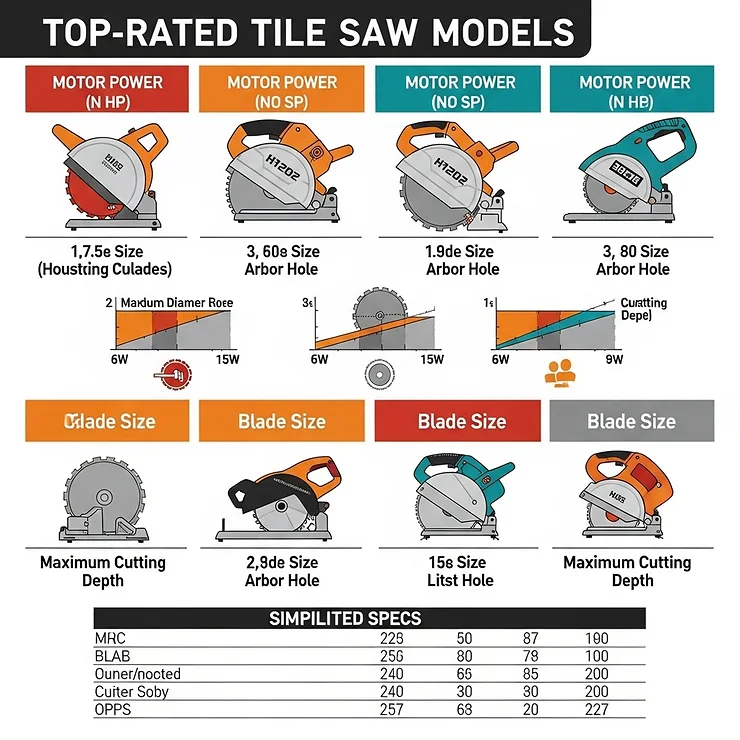 An infographic-style illustration comparing key features of different best tile saw models, such as motor power, blade size, and cutting depth.