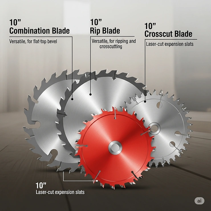 An illustration showcasing various types of 10 inch table saw blades, including rip, crosscut, and combination blades, highlighting their distinct tooth configurations for different woodworking tasks.