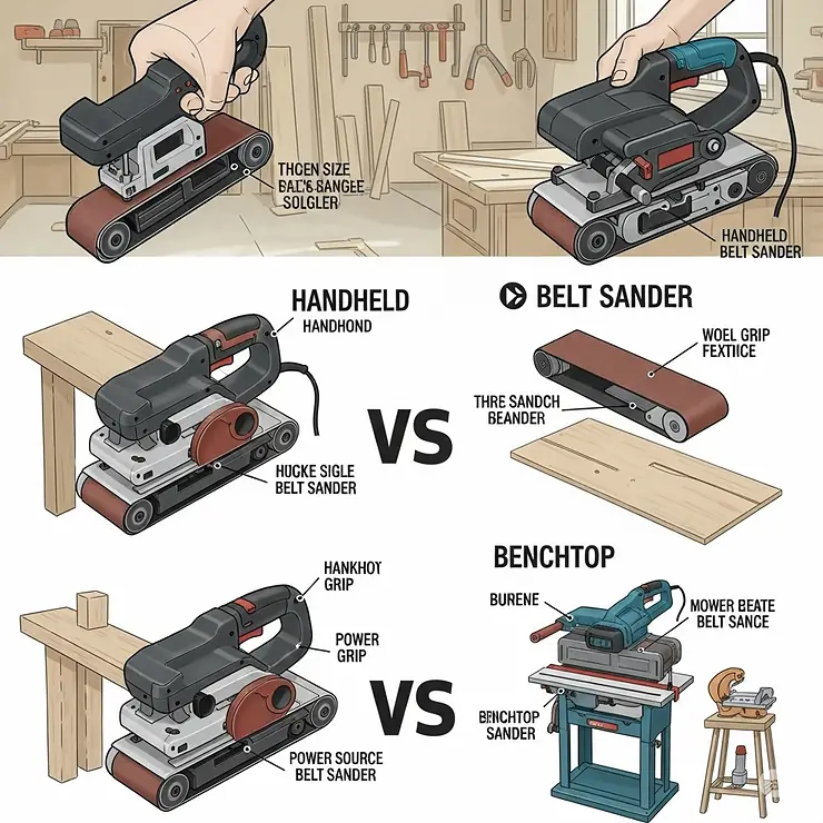 An illustration comparing different types of belt sanders, including handheld and benchtop models, showcasing their distinct applications.