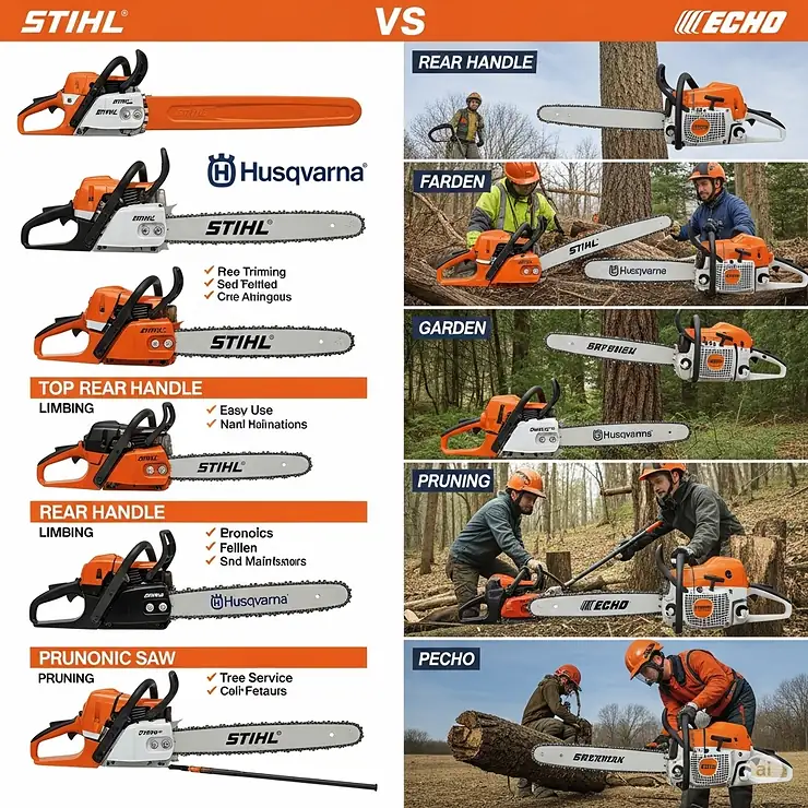 Comparison of various chainsaw types (top-handle, rear-handle, pole saw) offered by top chainsaw brands, for different applications.