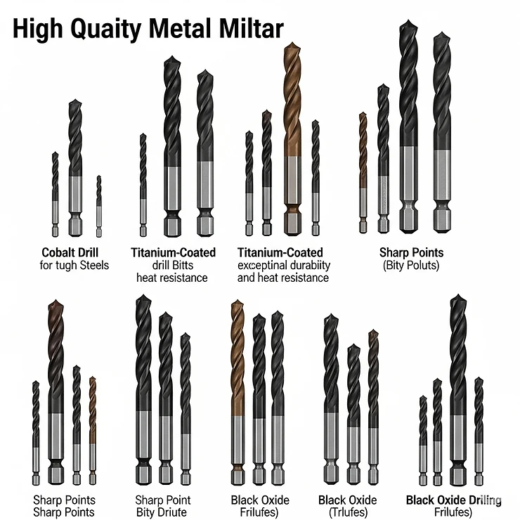 Assortment of good metal drill bits, showcasing various types such as cobalt, titanium-coated, and black oxide, each suited for different metal drilling applications.