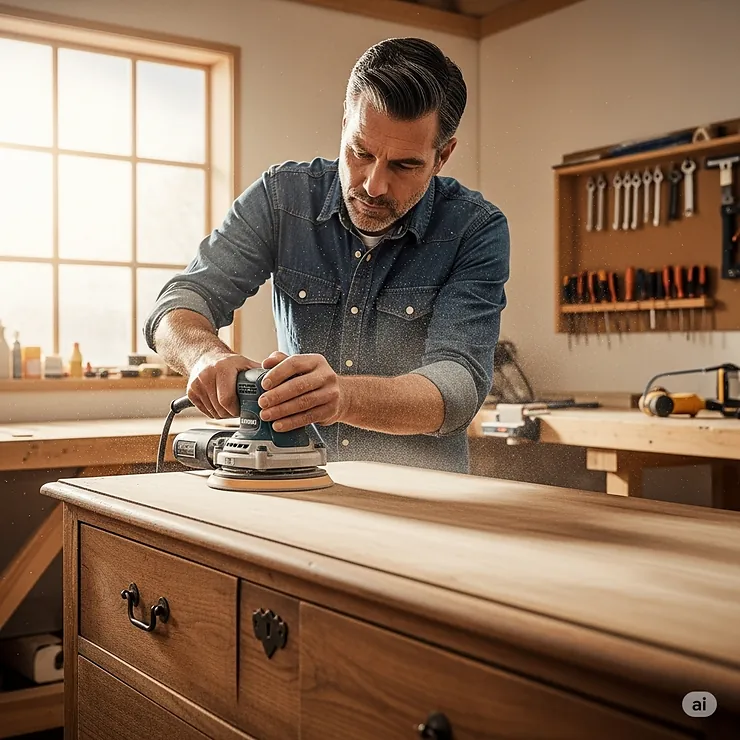 A person expertly operating a random orbital sander on a large furniture piece, highlighting its ease of use and ability to cover extensive areas efficiently.