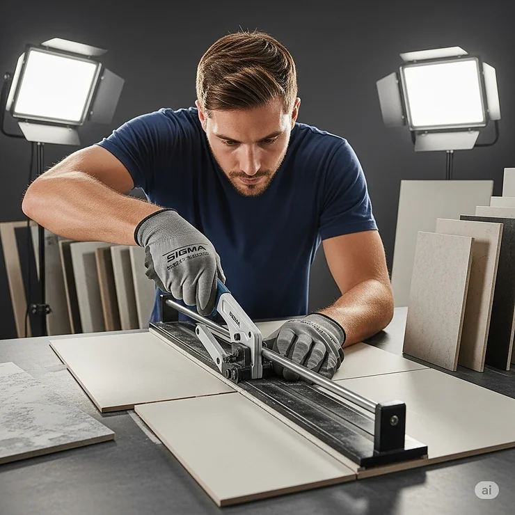 Skilled tiler demonstrating the ergonomic use of a Sigma ceramic tile cutter to achieve perfect cuts on wall tiles.