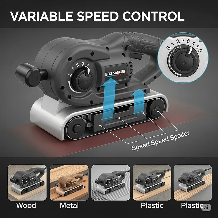 Graphic highlighting the variable speed control feature on a top-rated belt sander, indicating its versatility for different materials.