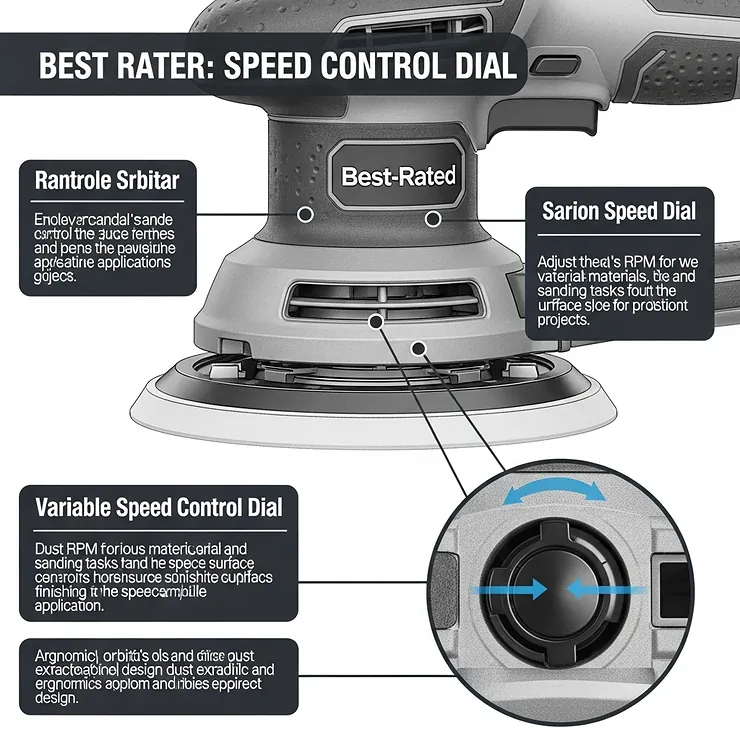 Diagram highlighting the variable speed control dial on a best-rated random orbital sander, allowing for versatile applications.