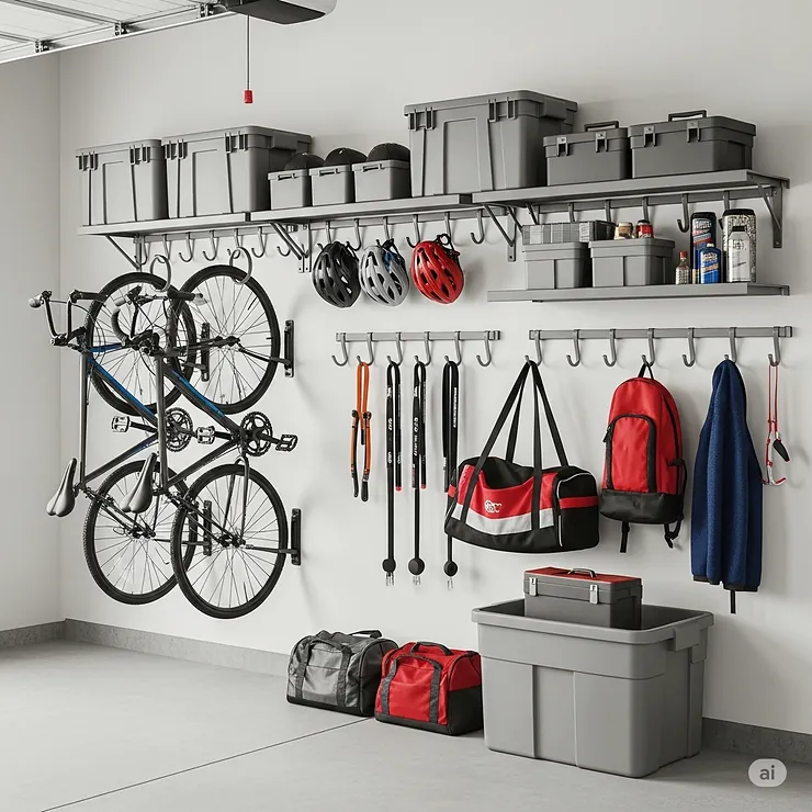 Versatile cycle hooks in a garage also holding helmets, cycling bags, and other gear, maximizing storage efficiency.