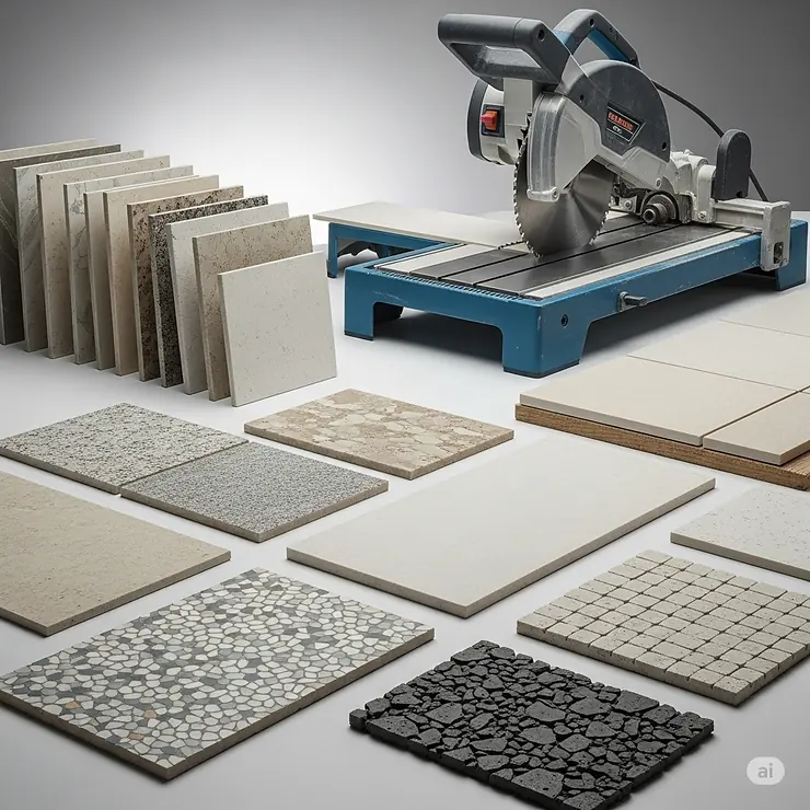 A visual representation of various tile types, including ceramic, porcelain, and natural stone, all precisely cut by a versatile wet tile saw.