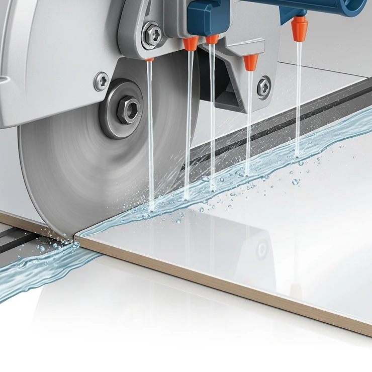 An illustration demonstrating a wet tile saw making a smooth, clean cut on ceramic tile, highlighting the water cooling system.