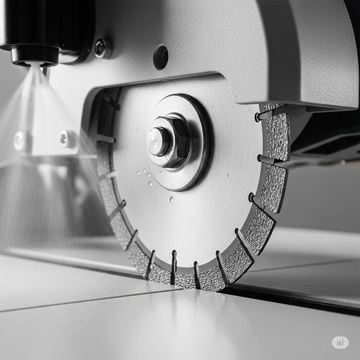 Close-up view of a diamond blade on a high-quality wet tile saw, highlighting its sharp edge designed for clean cuts on porcelain and ceramic tiles.