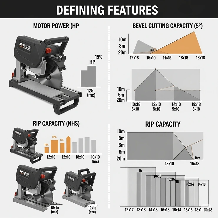 An infographic highlighting essential features of the best wet tile saws, such as motor power, bevel cutting capability, and impressive rip capacity for various tile sizes.