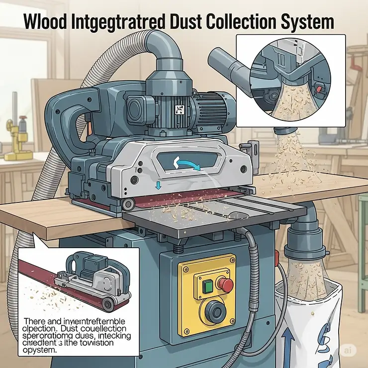 An illustration highlighting a woodworking sander machine with an integrated dust collection system, showing dust being captured.