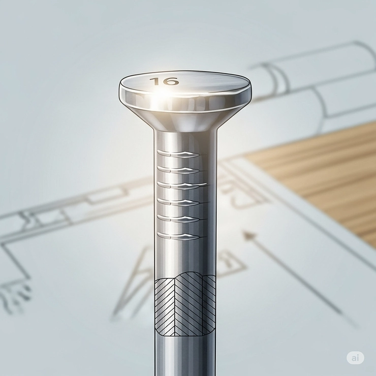 An illustration showing the head and shaft of a 16-gauge nail, emphasizing its larger diameter and greater holding power.
