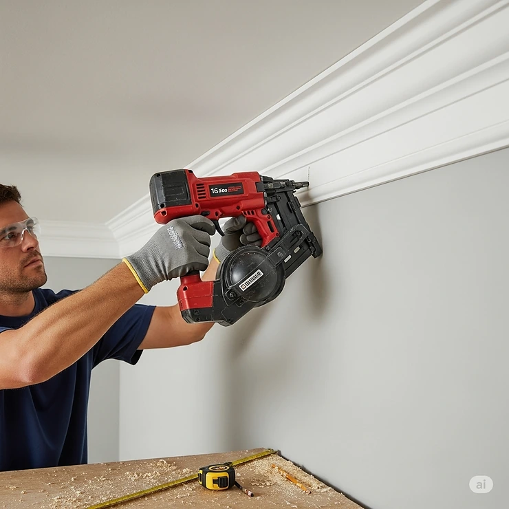 A professional using a 16-gauge nailer to install thick crown molding, demonstrating its use for larger trim applications.