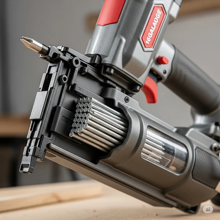 A close-up shot of a 16-gauge finish nailer, highlighting its larger magazine and thicker nails.