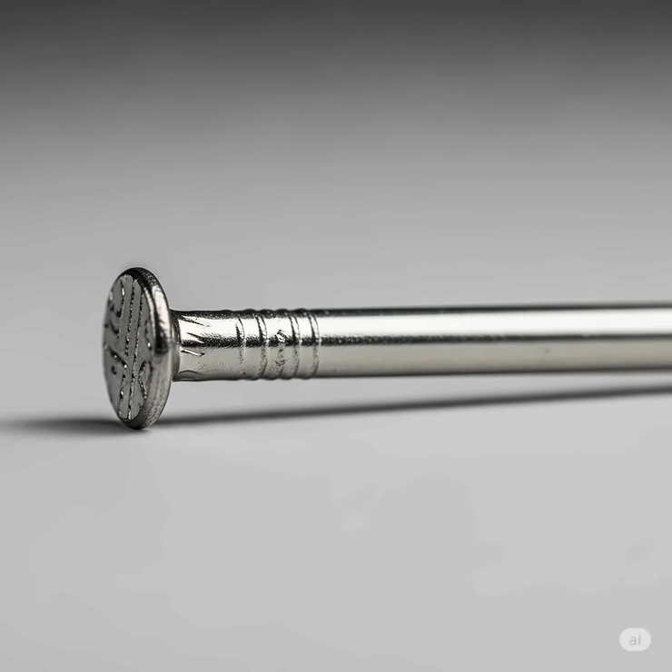 An image of an 18-gauge brad nail, showcasing its small head and slender body, which are ideal for delicate work.