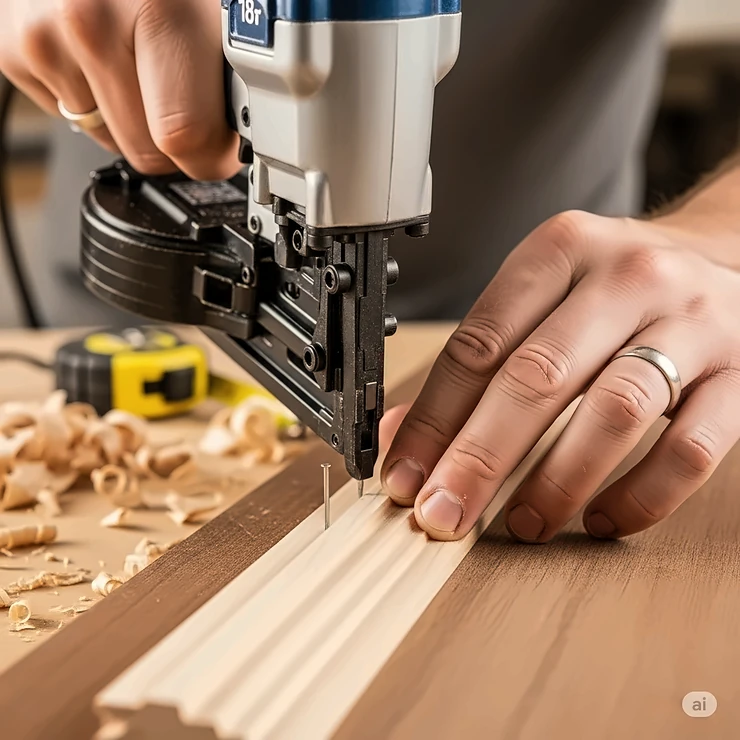 A detailed photo of a carpenter using an 18-gauge nailer for a delicate project, like attaching thin decorative molding or small wood trim.