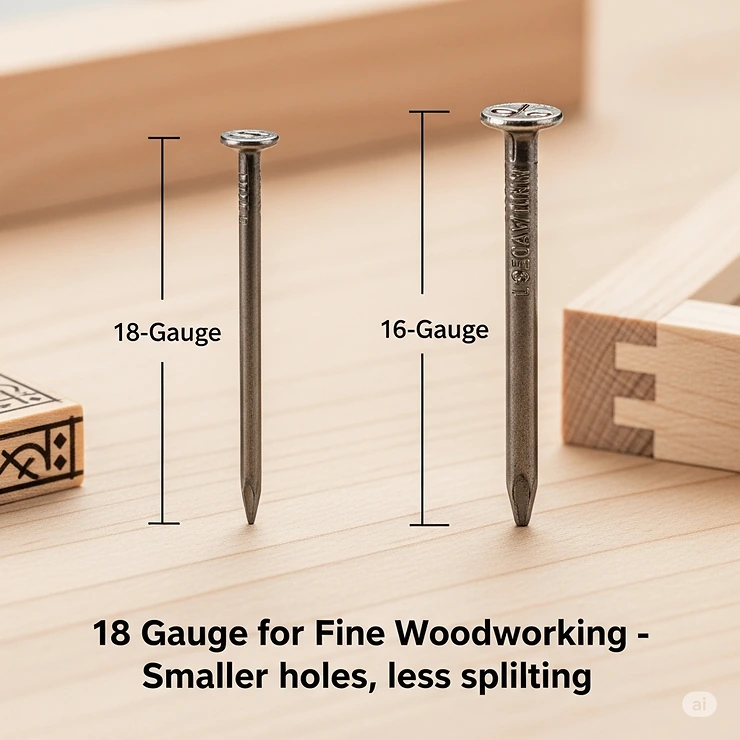 A comparison image showing the size difference between 18 gauge and 16 gauge brad nails, illustrating why 18 gauge nails are preferred for fine woodworking.
