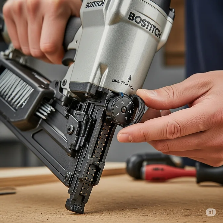 A picture demonstrating how to adjust the depth of drive on a Bostitch finish nailer to prevent over-driving or under-driving nails.
